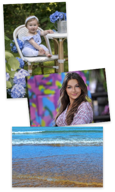 Example images of photo prints of a toddler in a chair, a senior girl and an ocean shoreline with a watercolor effect on it